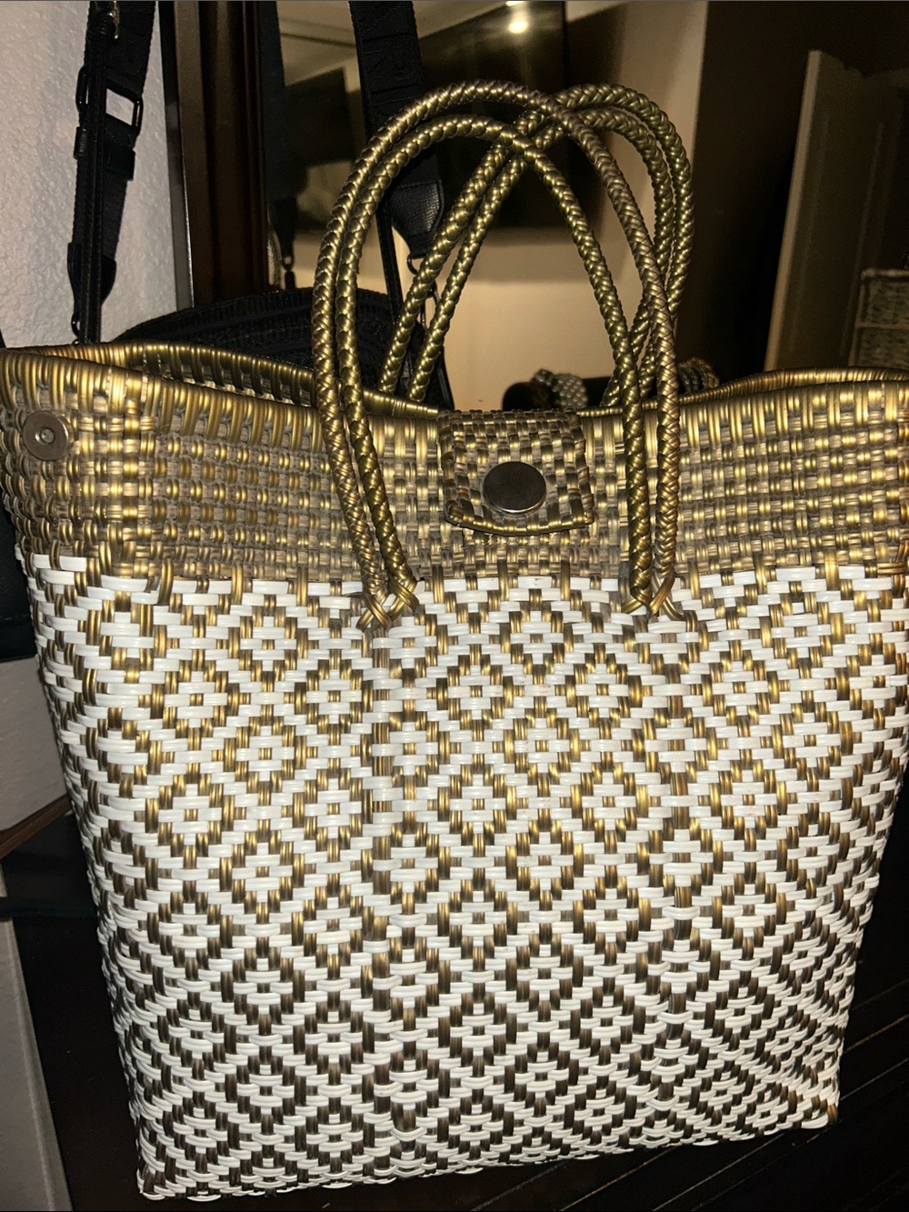 Green and White Woven Tote Bag with Top Handles